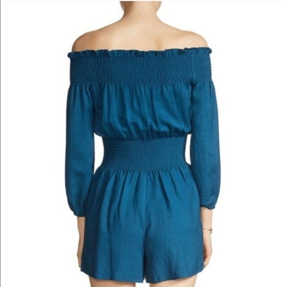 Maje Ilanda Romper XS Off-Shoulder Mini Smocked Linen Peacock Blue Luxury Party - Picture 7 of 8
